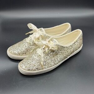 Kate Spade Keds Glitter Sneakers Gold Ribbon Lace Up Women's Shoes Size 10